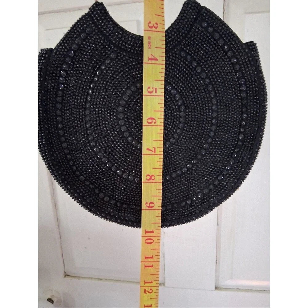 Blk Beaded Circle Evening Bag w/ Gold Tone Metal Ring Handles Vintage Hong Kong